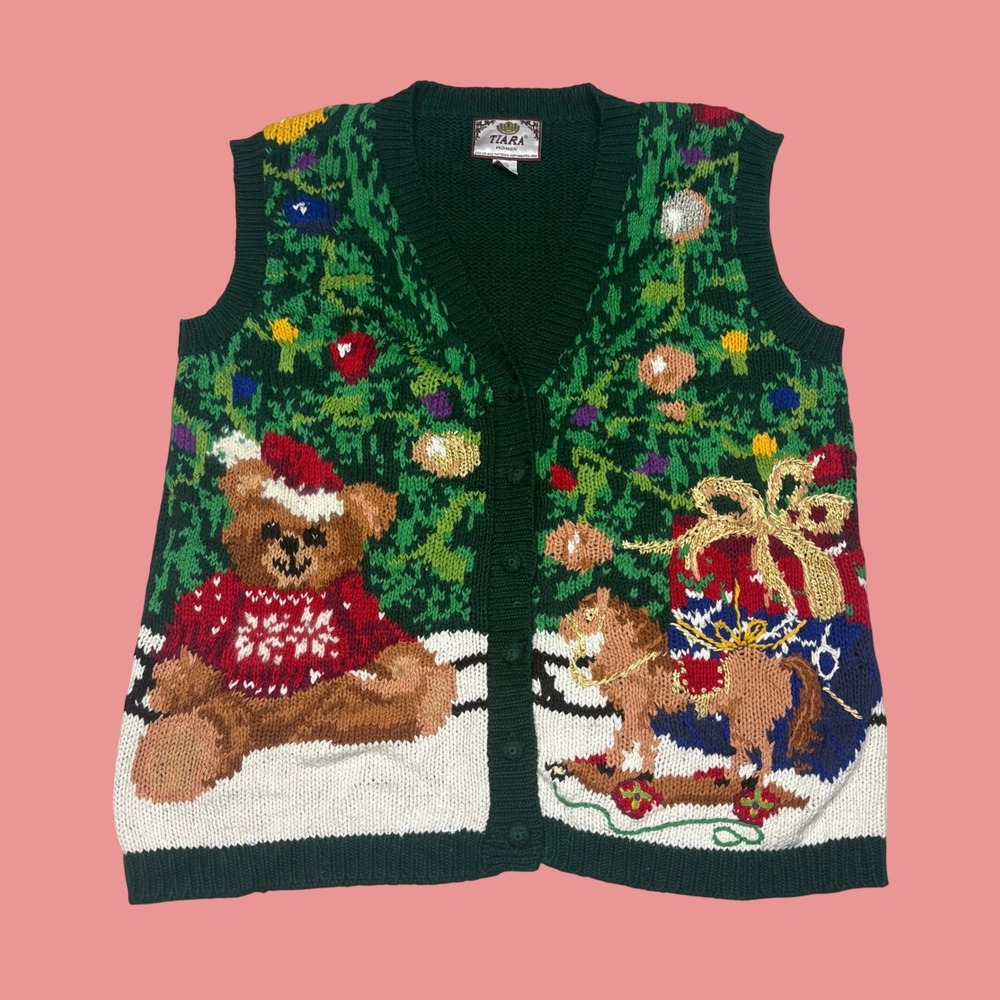 Tiara Women Vintage Christmas Sweater Vest Green Teddy Bear Rocking Horse XL